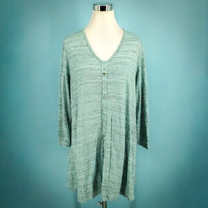 Comfy USA Size Large L Heather Blue V Neck Long Sleeve Faux Button Tunic Top